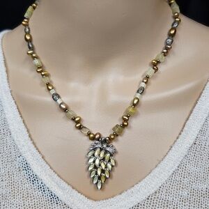 18” Natural Pearl & Onyx Silvertone Necklace w/ 1.5” Grape Pendant